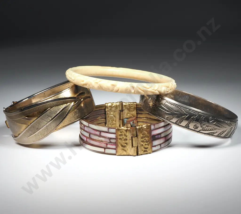 Vintage Indian Brass & Mother Of Pearl Cuff Bracelet, Carved Bone Bangle(a/f) & Two Silver Tone Bangles  Image 1++