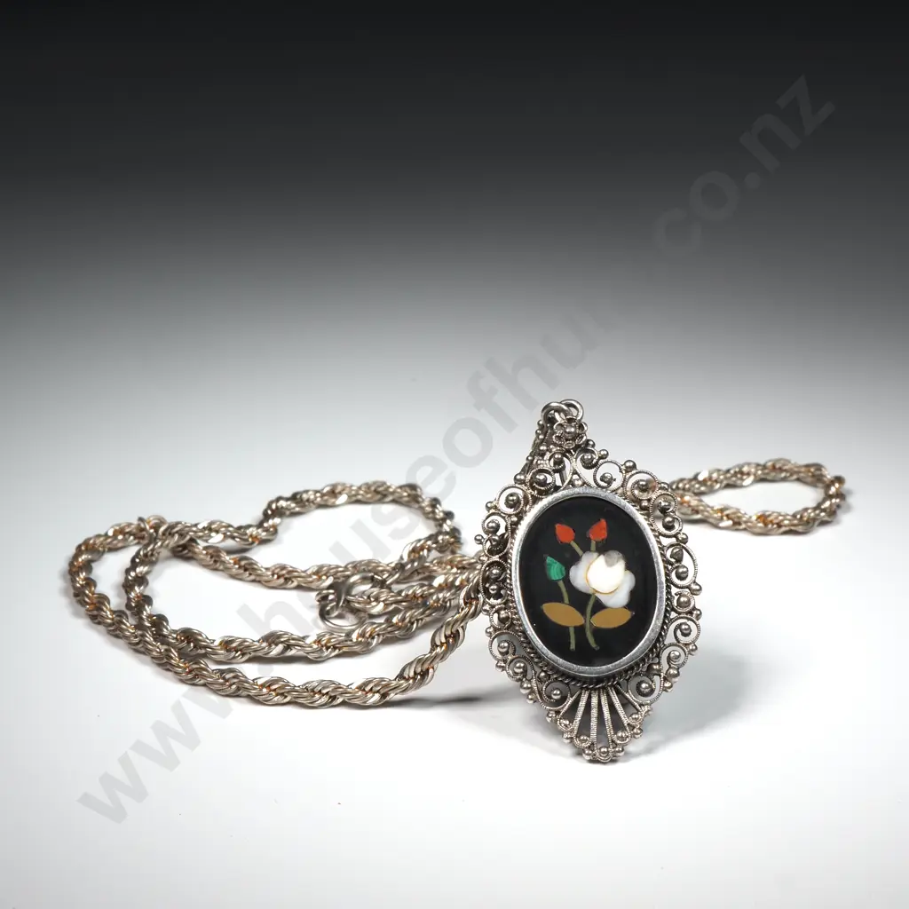 .800 Silver Pietra Dura Pendant on Sterling Silver Chain Image 1++