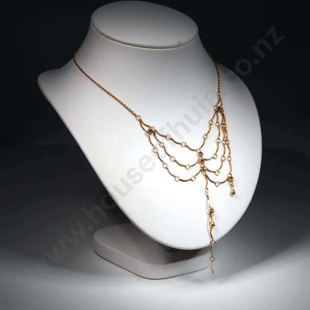 Gold Tone Chain w Amethyst Coloured Crystal Central Swag. A/F Image 1++