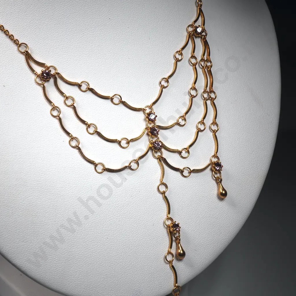 Gold Tone Chain w Amethyst Coloured Crystal Central Swag. A/F Image 1++