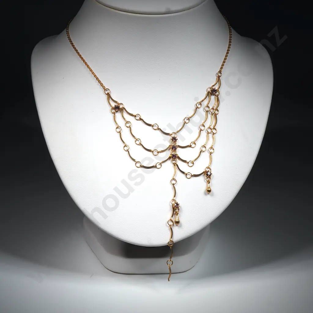 Gold Tone Chain w Amethyst Coloured Crystal Central Swag. A/F Image 1++