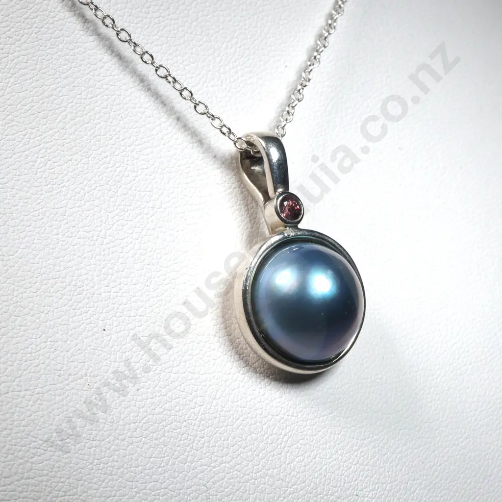 Blue Cultured Pearl & Pink Stone Pendant On Silver Chain  Image 1++