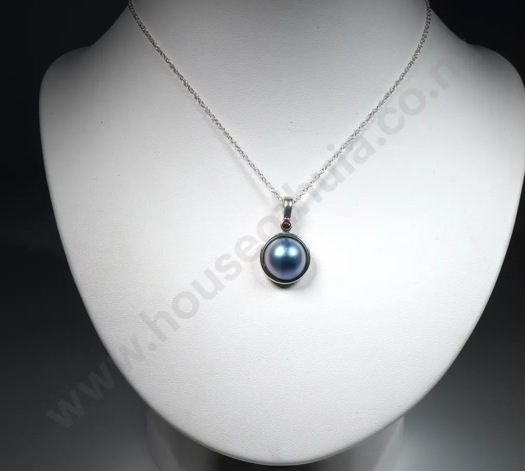 Blue Cultured Pearl & Pink Stone Pendant On Silver Chain  Image 1++