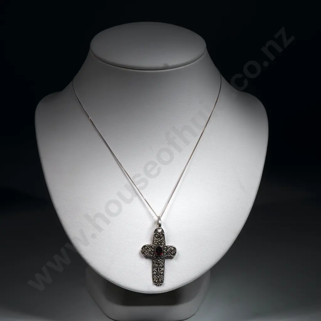 Sterling Silver Garnet Set Cross & Chain Image 1++