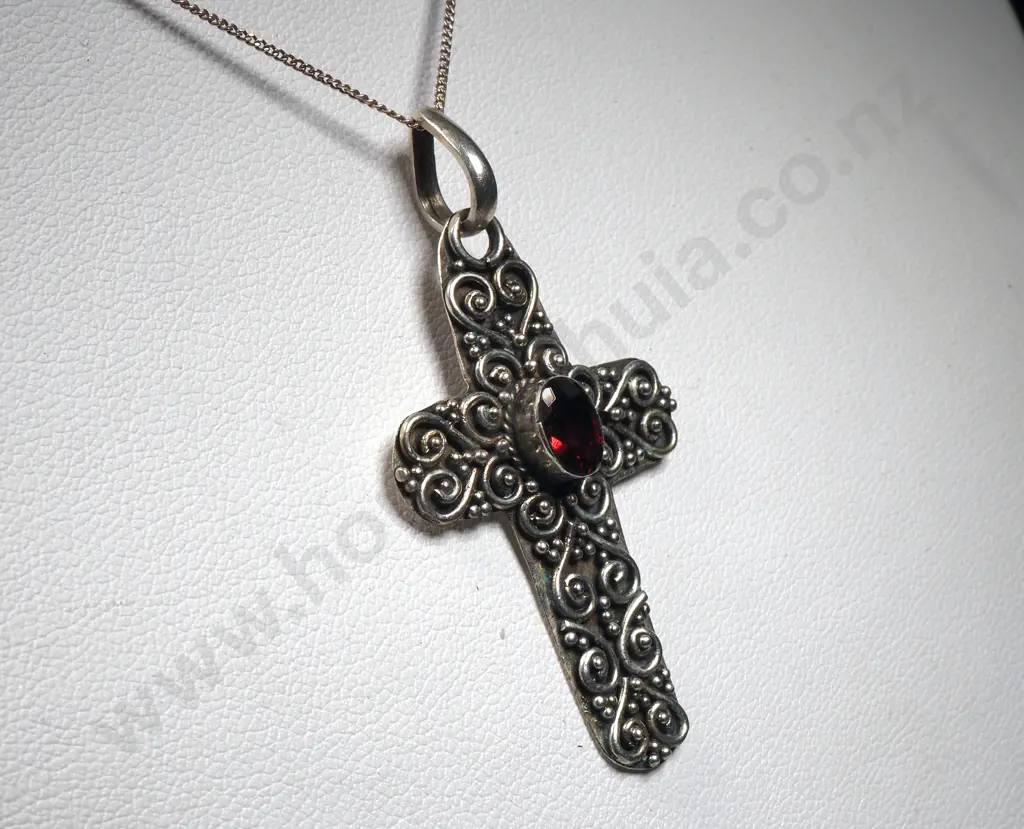 Sterling Silver Garnet Set Cross & Chain Image 1++