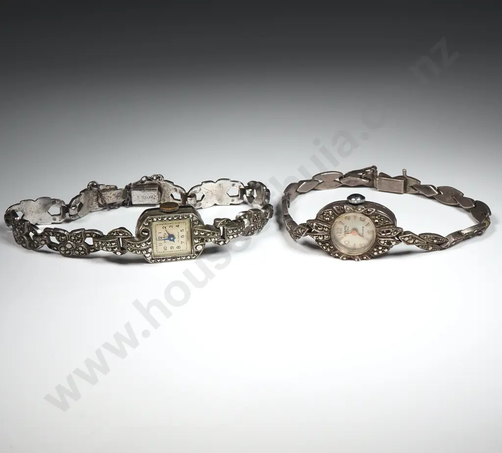 Two Ladies Vintage marcasite Watches, One w Sterling Silver Bracelet - The other all Sterling Silver - Not Running Image 1++