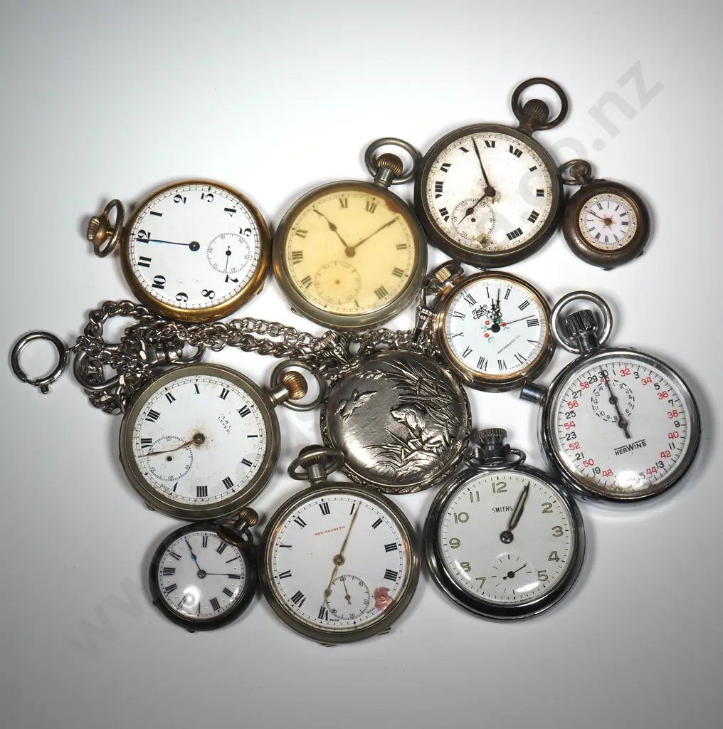 Assorted Lot of 11 Pocket / Fob Watches & Stop Watch - Sold As Is For Restoration & Parts  Image 1++