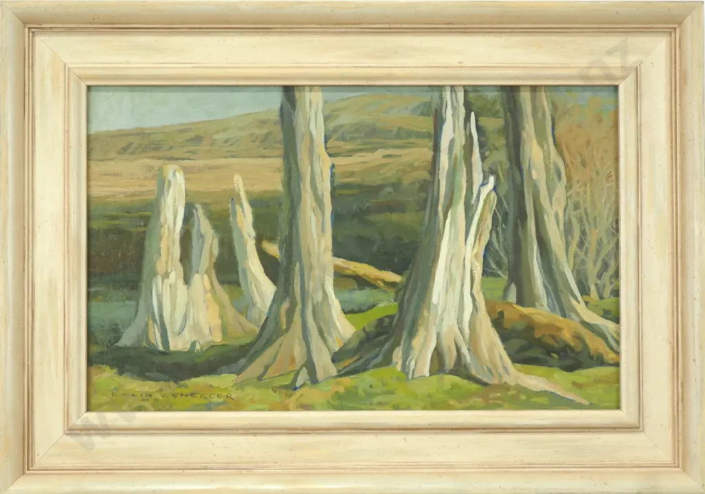 Colin Wheeler 'Tree Trunks at Corrideale, North Otago', Oil on Canvas Board Image 1++