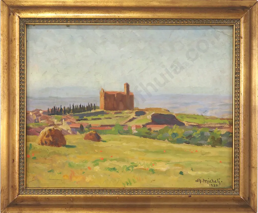 Alberto Micheli Pellegrini - 'Volterra, Chiesta Di San Gusto' Oil on Board (1920) Image 1++