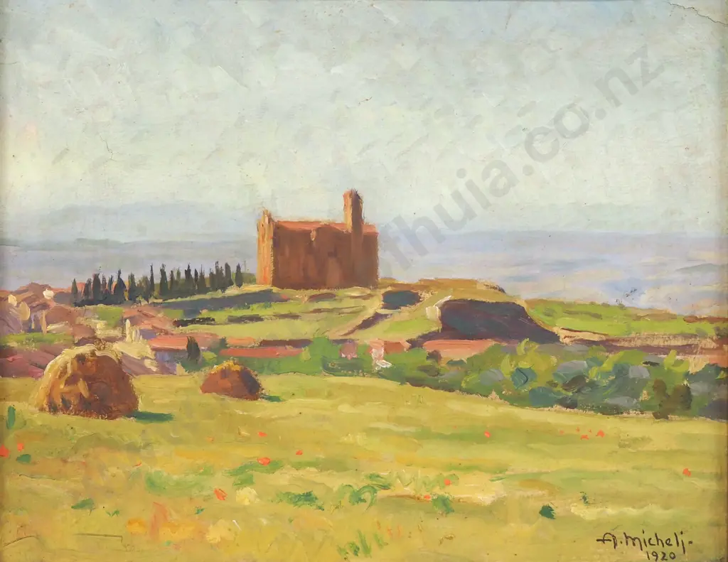 Alberto Micheli Pellegrini - 'Volterra, Chiesta Di San Gusto' Oil on Board (1920) Image 1++