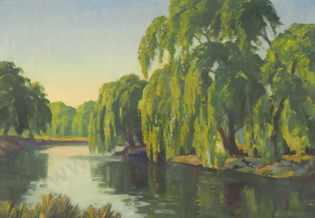 Walter Basil Honour  - Willows, Avon River, Hagley Park, Oil on Canvas Board Image 1++