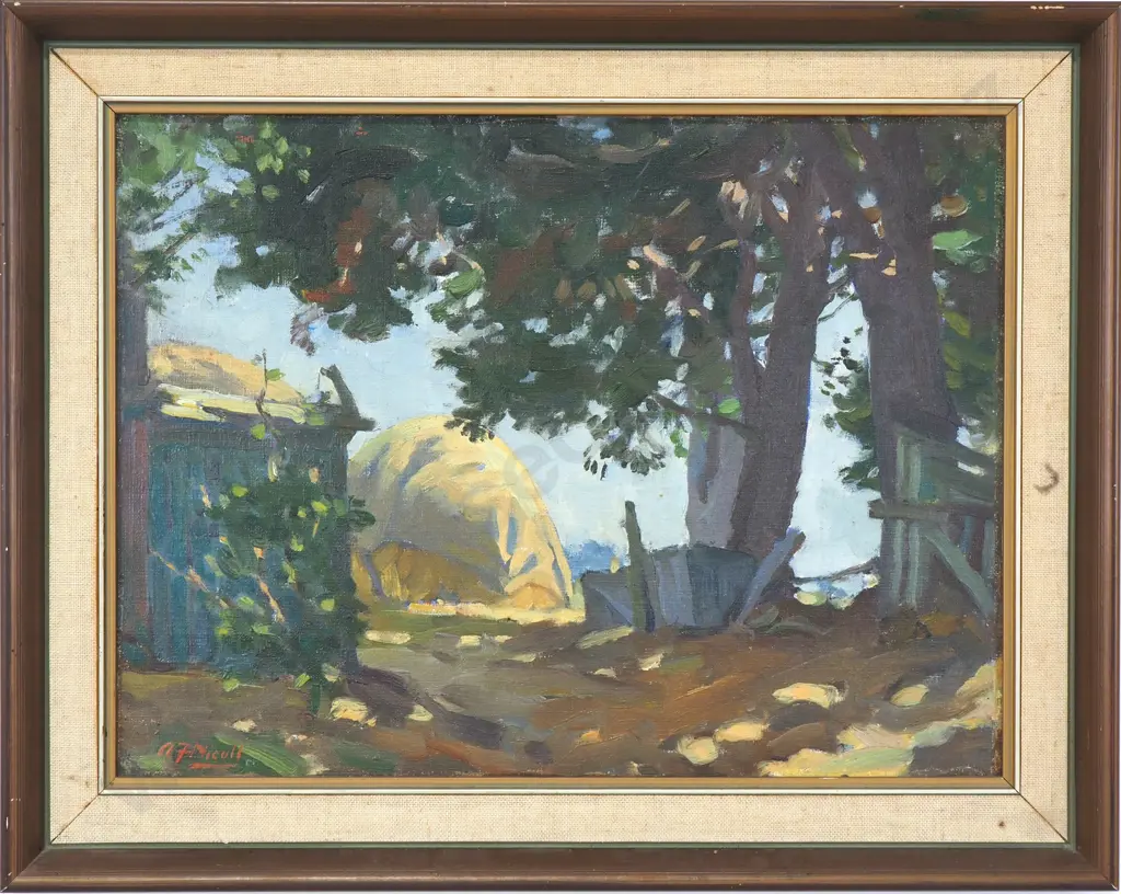 Archibald Nicoll - Farm Scene w Haystacks, Oil on Board Image 1++