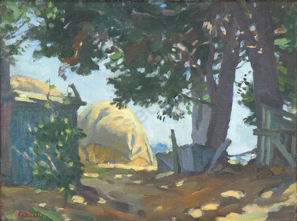 Archibald Nicoll - Farm Scene w Haystacks, Oil on Board Image 1++
