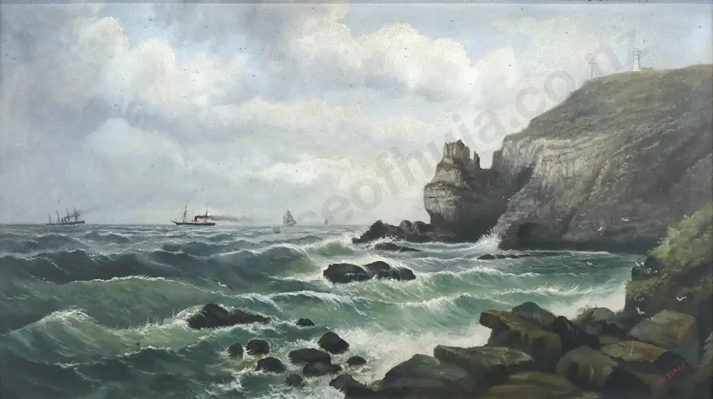 W Tayler - Coastal Scene w Ships & Lighthouse, Oil on Board Image 1++