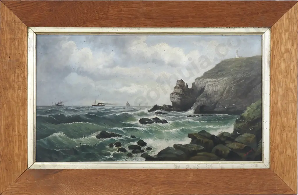 W Tayler - Coastal Scene w Ships & Lighthouse, Oil on Board Image 1++
