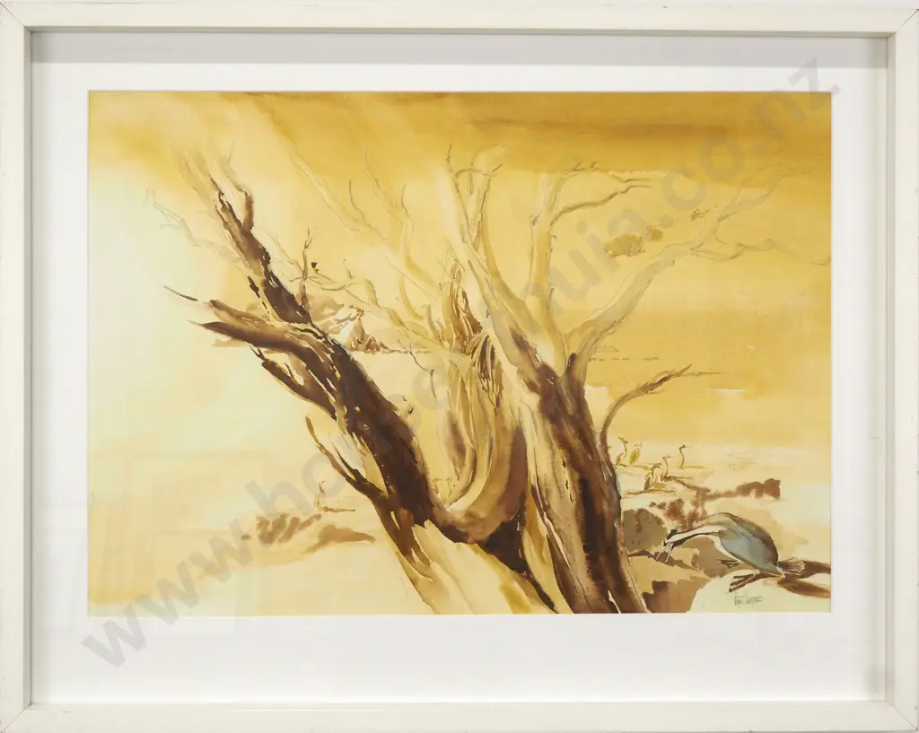 John Castle (1939-1999) - Hazy Coastline with Spotted shags (Kawau tikitiki), Watercolour Image 1++