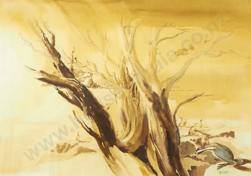 John Castle (1939-1999) - Hazy Coastline with Spotted shags (Kawau tikitiki), Watercolour Image 1++