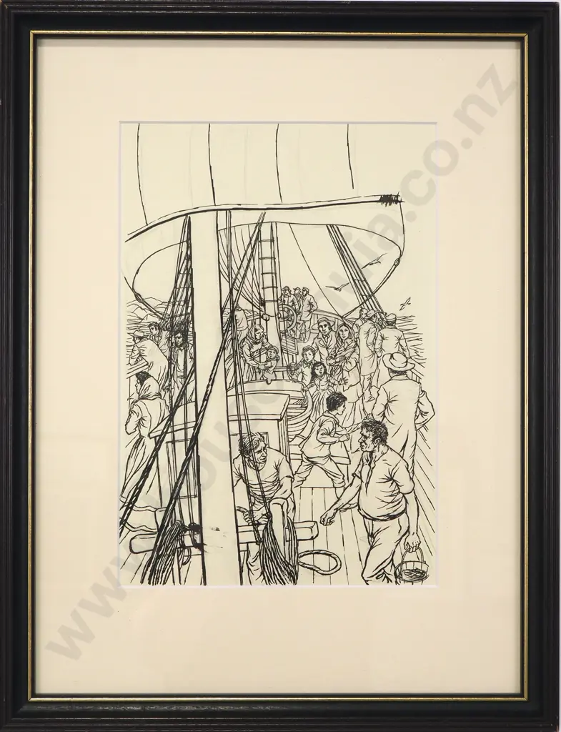 Russell Clark - Colonial Ship Scene (1959), Ink Image 1++