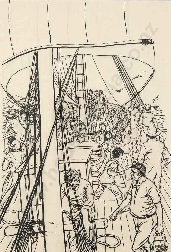 Russell Clark - Colonial Ship Scene (1959), Ink Image 1++