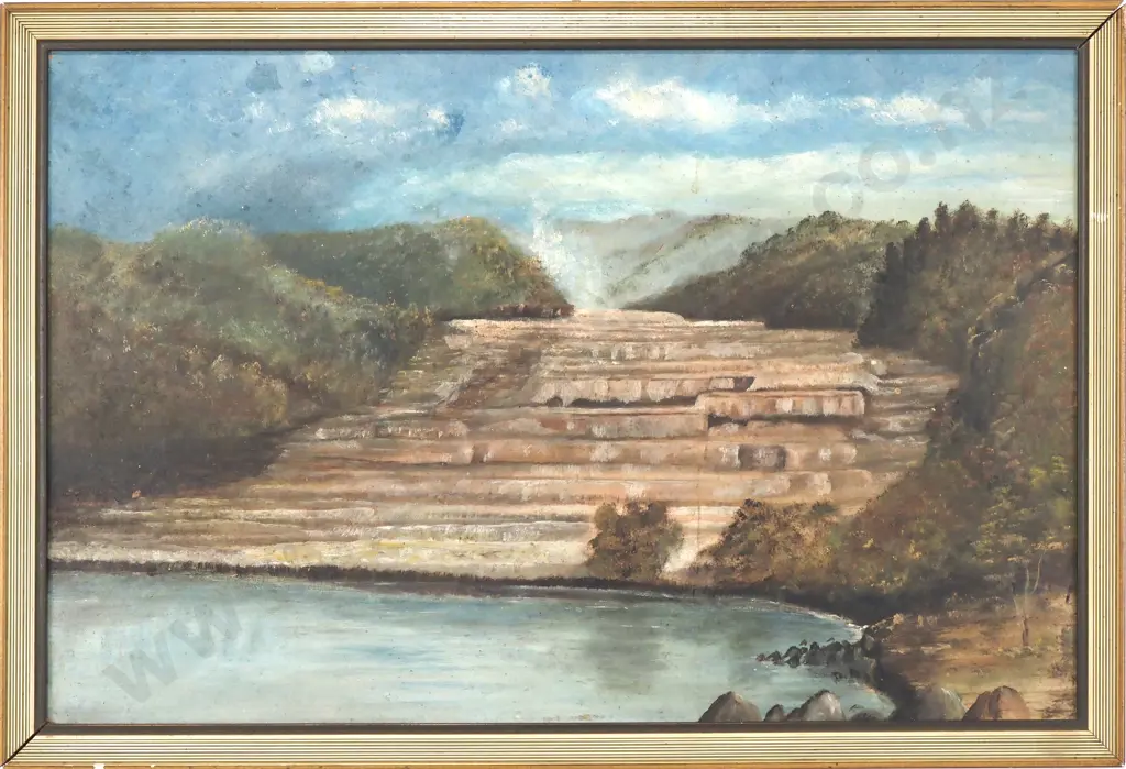 Artist Unknown - The Pink & White Terraces, Oil On Board Image 1++