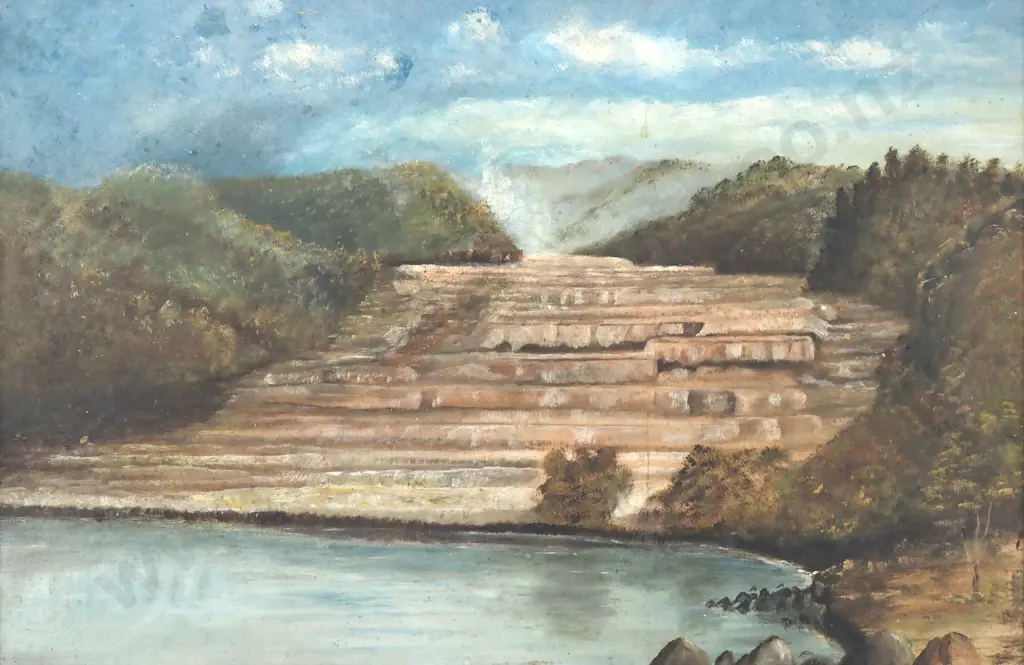 Artist Unknown - The Pink & White Terraces, Oil On Board Image 1++