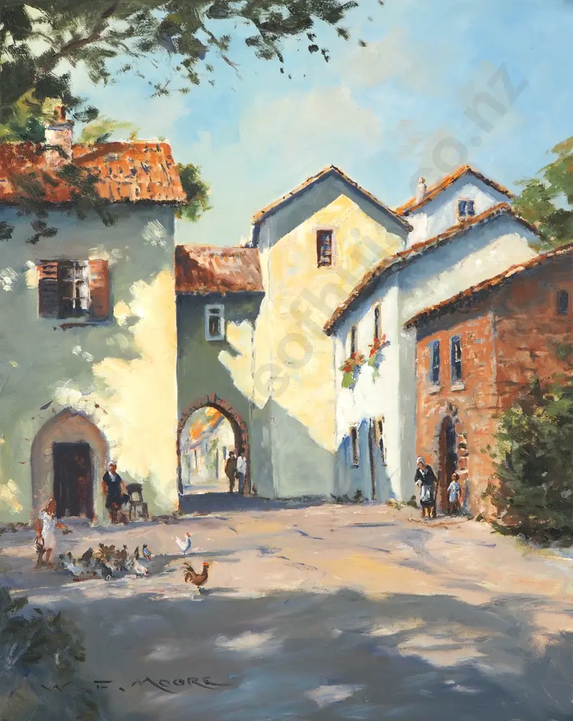 W F Moore - Village Square In High Provence, France, Oil Image 1++