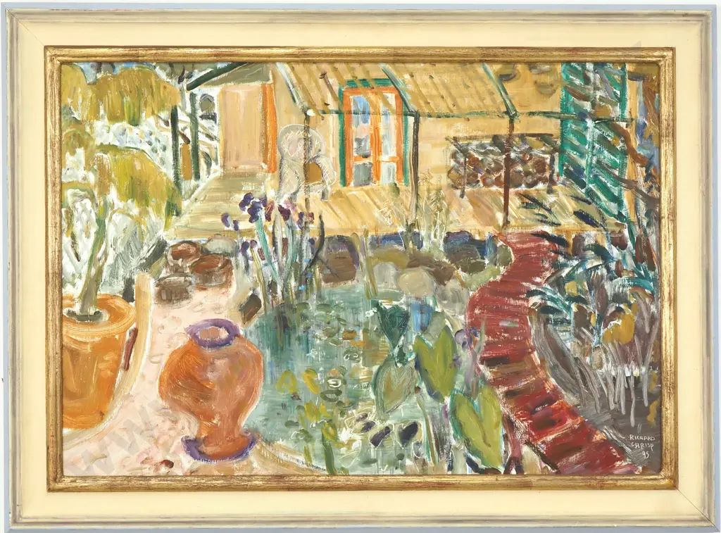 Richard Chrisp: Coromandel Cottage w Courtyard, Oil on Board (1995) Image 1++