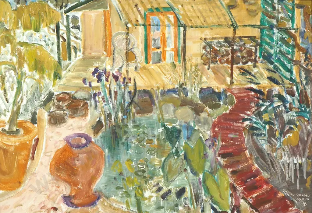 Richard Chrisp: Coromandel Cottage w Courtyard, Oil on Board (1995) Image 1++