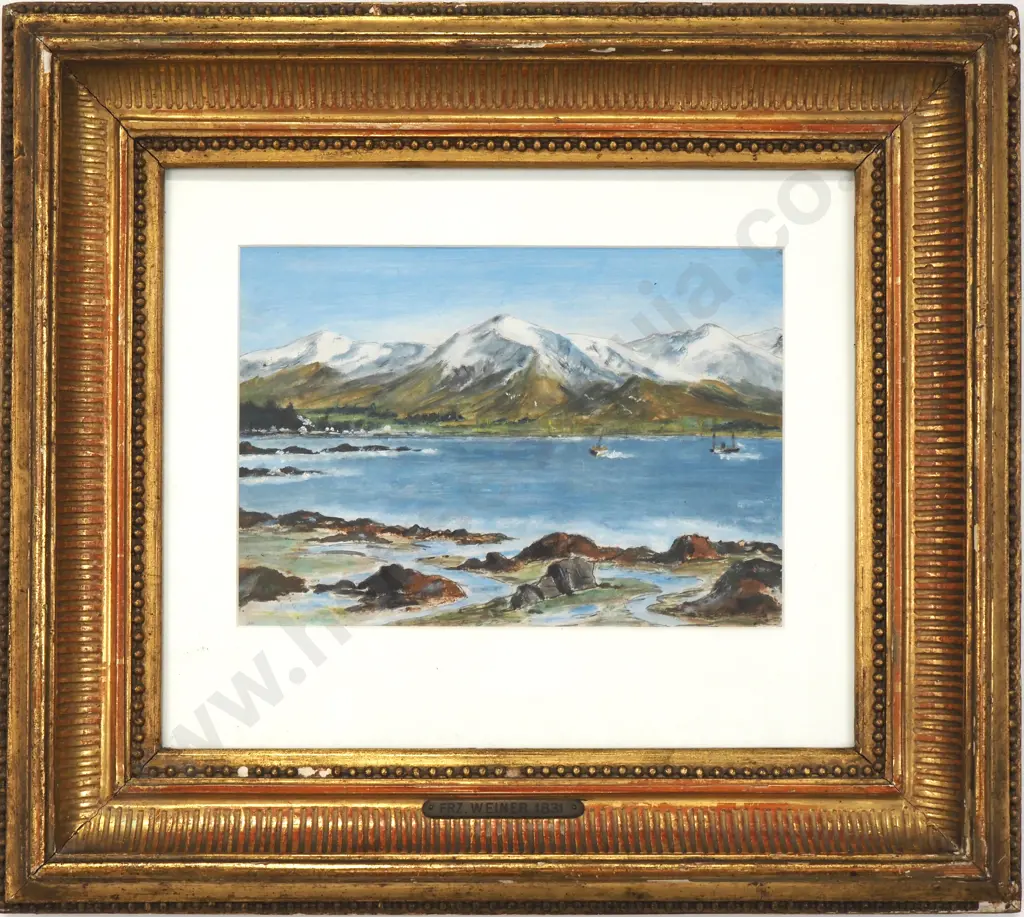 Franz Weiner - Coastal Scene w Boats, Gouache & Pencil Image 1++