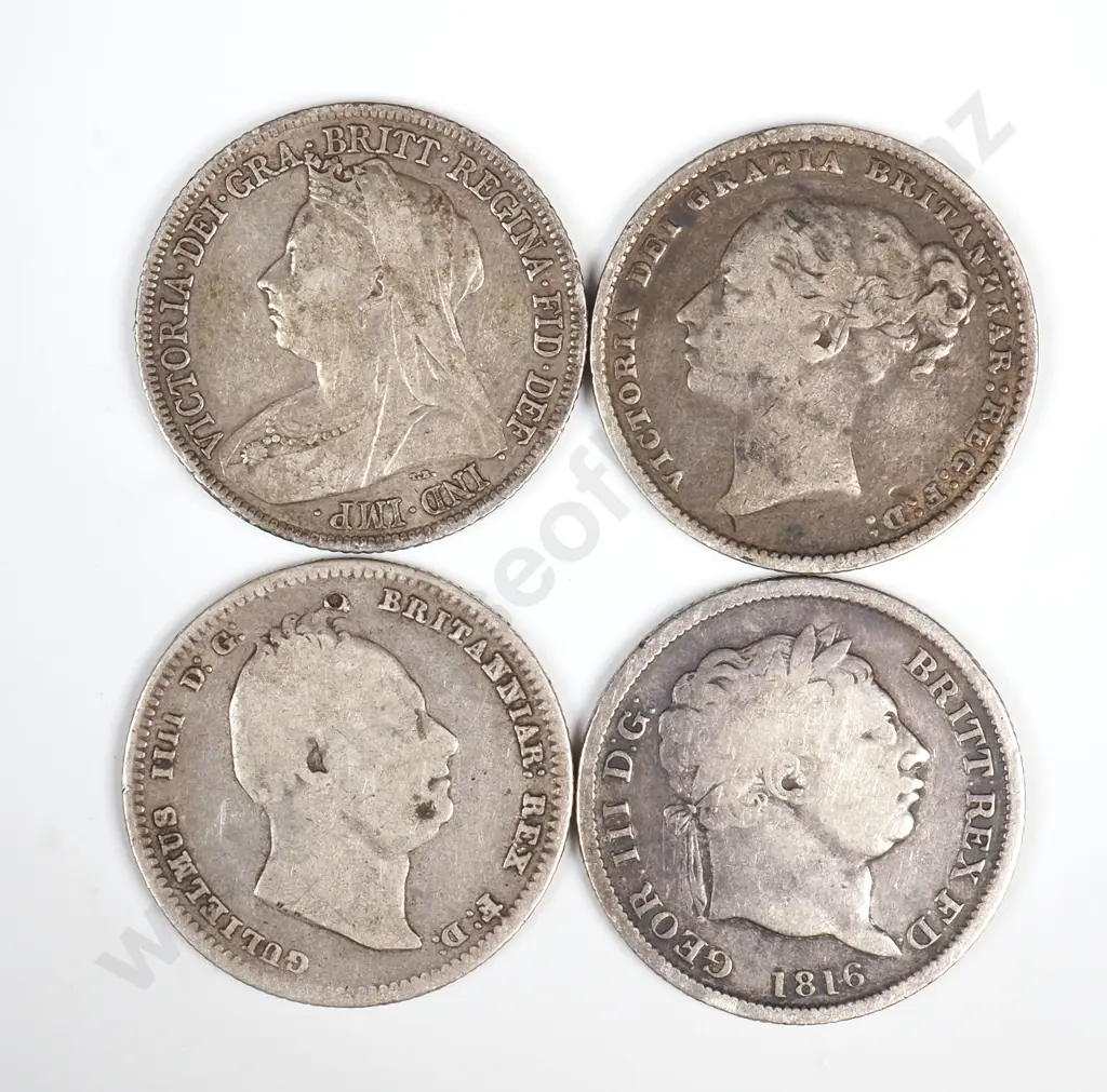 United Kingdom Silver Shillings - 1816 / 1835 / 1879 / 1899 Image 1++