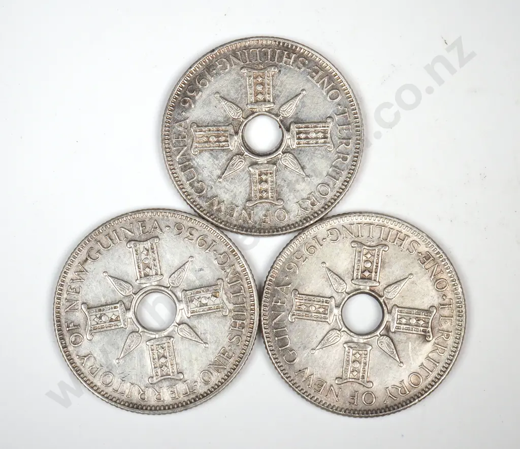 Three 1936 Territory of New Guinea One Shilling Coins  - Better Grades  Image 1++