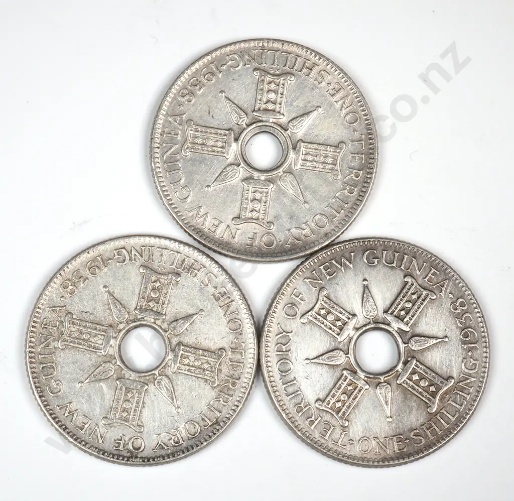 Three 1938 Territory of New Guinea One Shilling Coins  - Better Grades  Image 1++