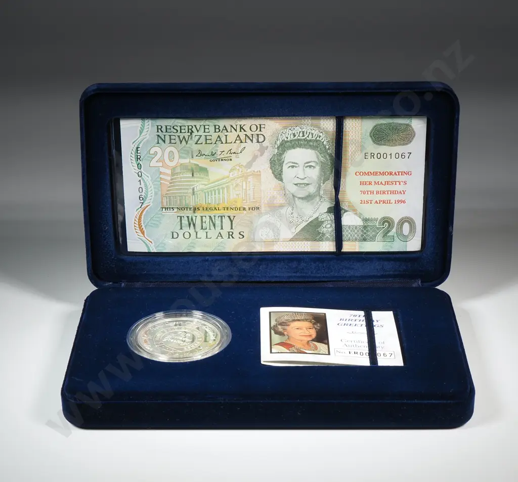 1996 New Zealand Queen Elizabeth 70th Birthday Greetings Coin One Ounce Silver Image 1++
