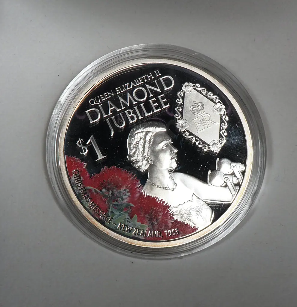 1952-2012 New Zealand Queen Elizabeth II Diamond Jubilee- One Ounce Silver Proof Coin Image 1++