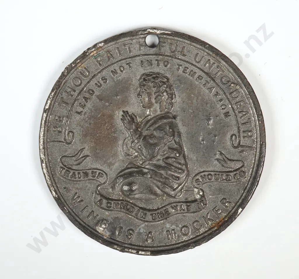 White metal medal struck for the Nelson Band of Hope, New Zealand, undated. 38mm. It is listed in the Medallic Commemoratives of New Zealand 1865-1940 by Leon Morel as number A/3  ( Auckland, NOT Nelson ) and has a rarity rating of R5 ( rare ) Image 1++