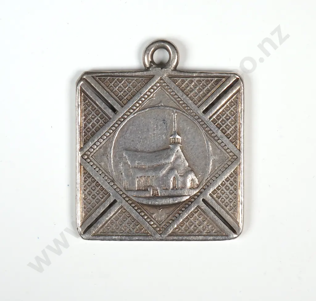 Silver medal struck for the St. Matthew’s Sunday School Exhibition, Auckland, C.1876. 21mm x 21mm. By Anton Teutenberg. Very rare Image 1++