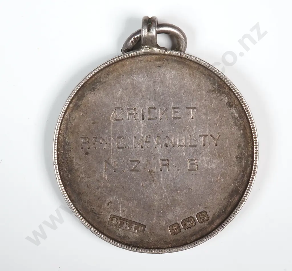Antique sterling silver medal engraved “3. ARMY / REST CAMP / 18.9.18 TO 1.10.18 / FRANCE” and “CRICKET / RFN. G McANULTY / N.Z.R.B.”. 31mm Image 1++