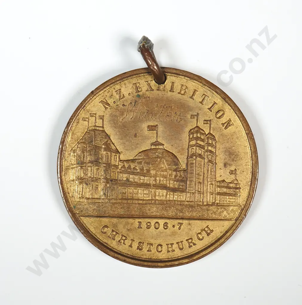 1906-7 Christchurch Exhibition Large Gilt Medallion - Lightly Engraved "Waiter" Image 1++