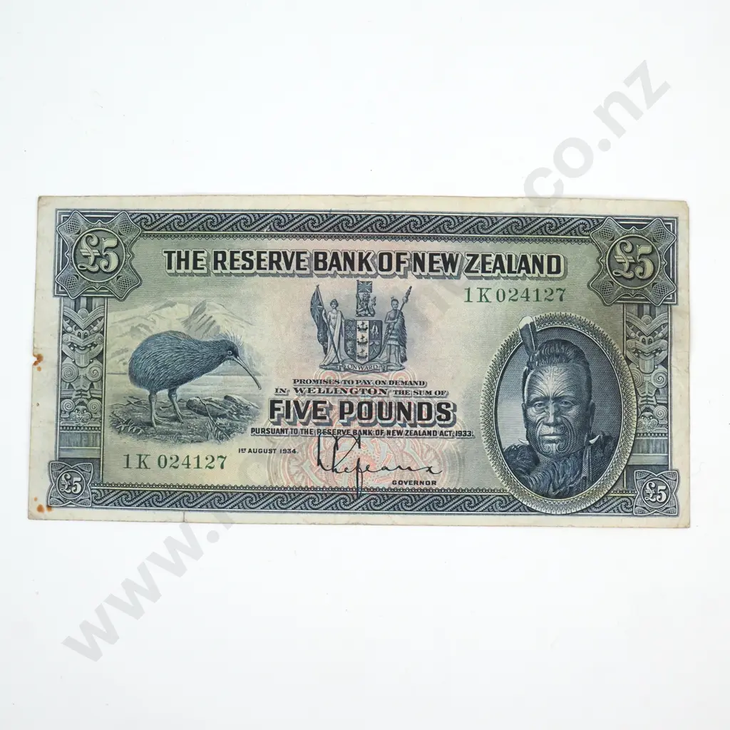 1934-1940 Reserve Bank Lefeaux Kiwi Five Pounds IK204127 Image 1++
