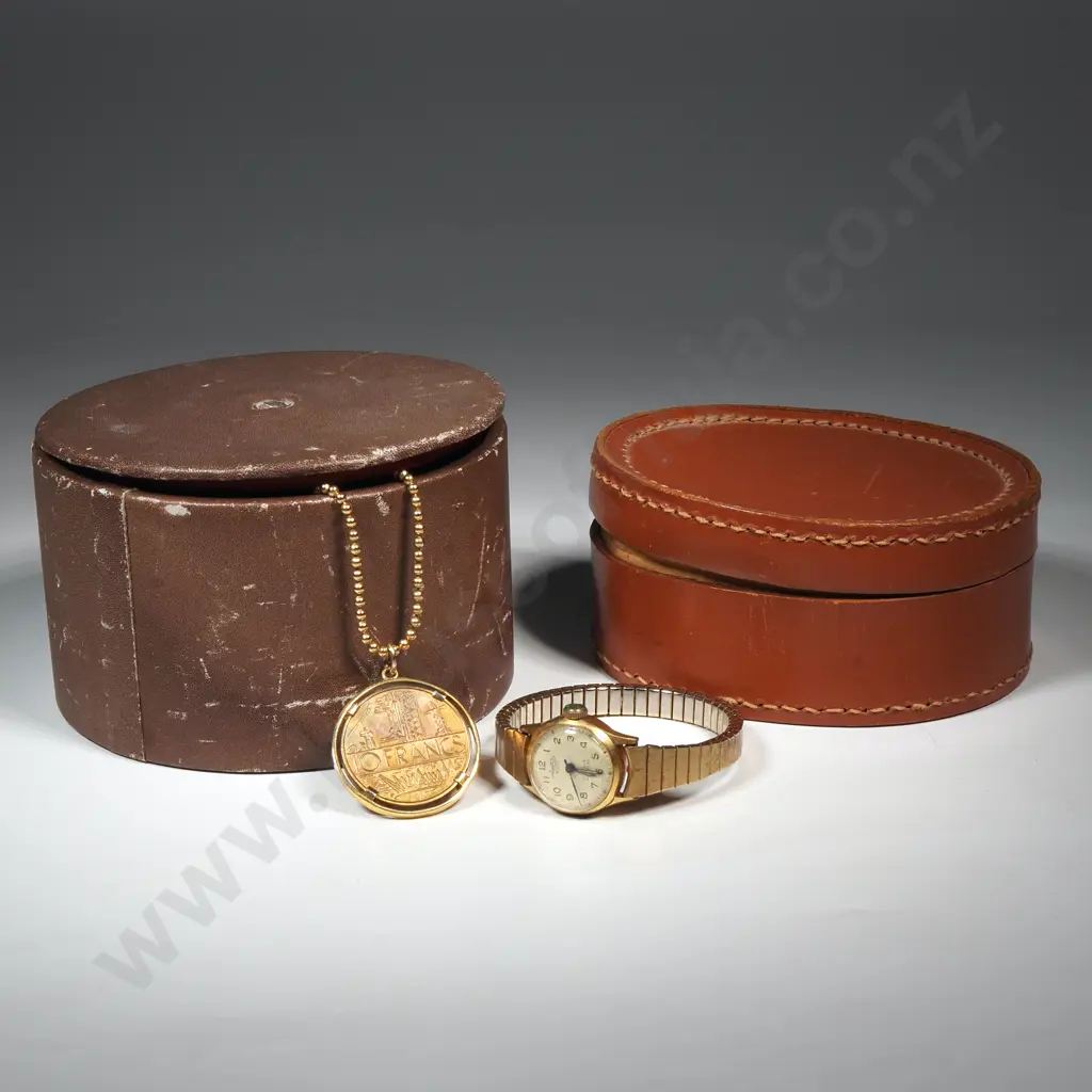 Vintage Oval & Circular Leather Boxes w Arctus Elite Watch & a 10 Franc Pendant on Gold Tone Ball Chain Image 1++