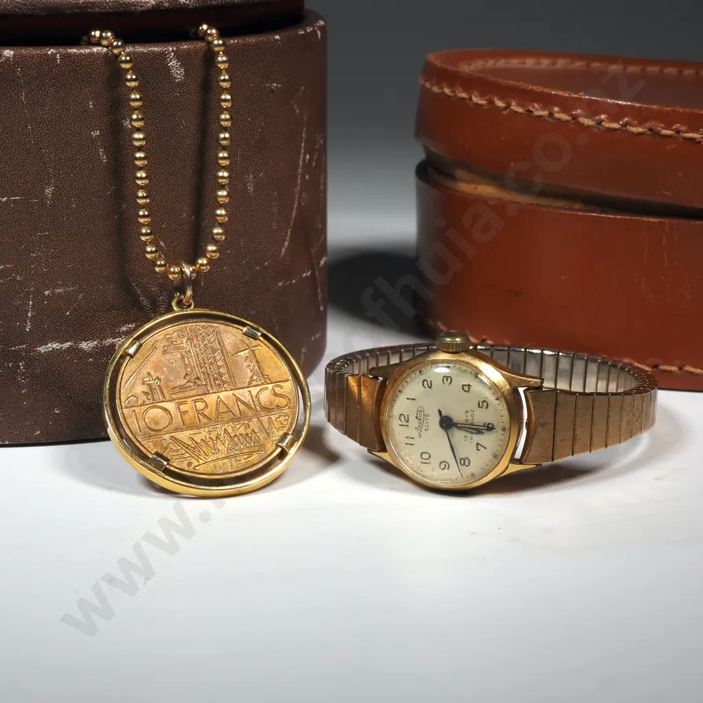 Vintage Oval & Circular Leather Boxes w Arctus Elite Watch & a 10 Franc Pendant on Gold Tone Ball Chain Image 1++