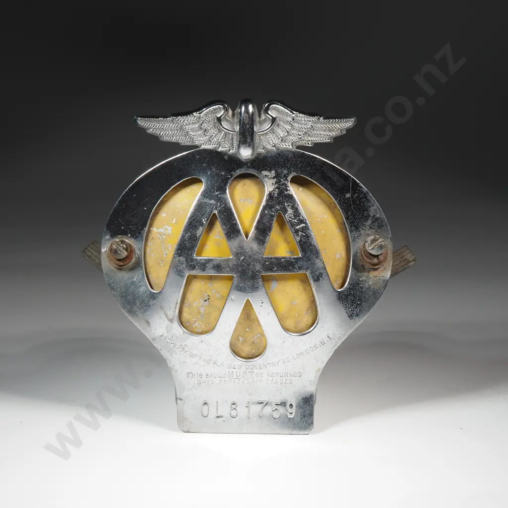 English Automobile Association Car Badge - Chromium Plated Emblem w Yellow Backing Image 1++