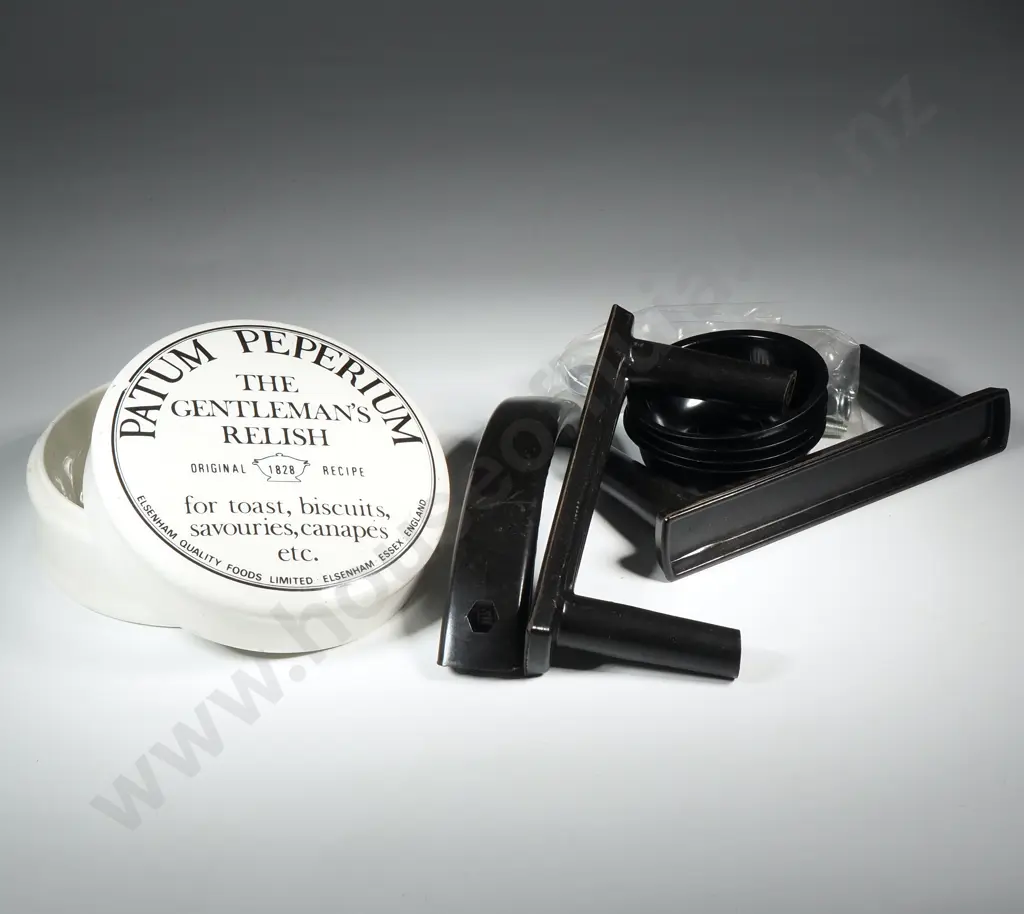 A Patum Peperium Anchovy Paste Jar & Three Black Plastic Cupboard/Handles. Image 1++