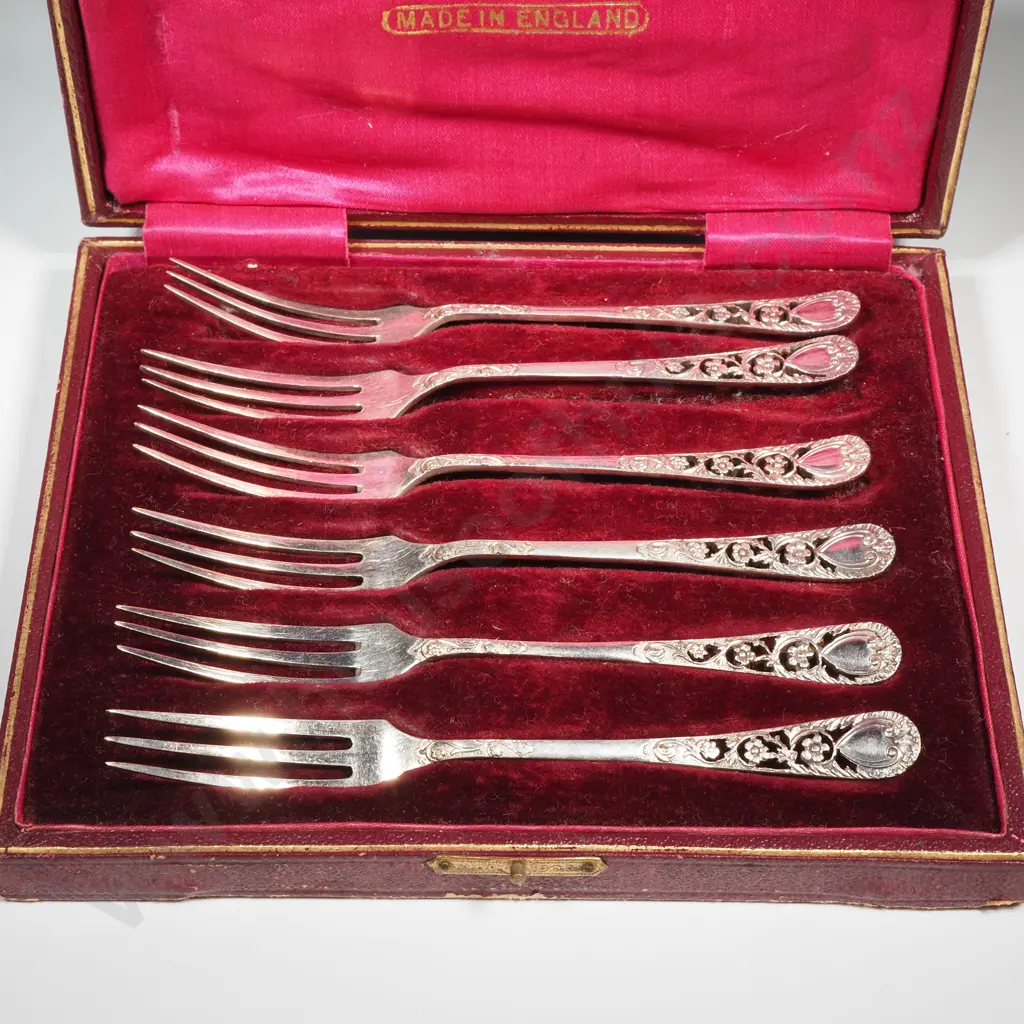 Cased Set of Six Vintage S/P Foliate Desert Forks Image 1++