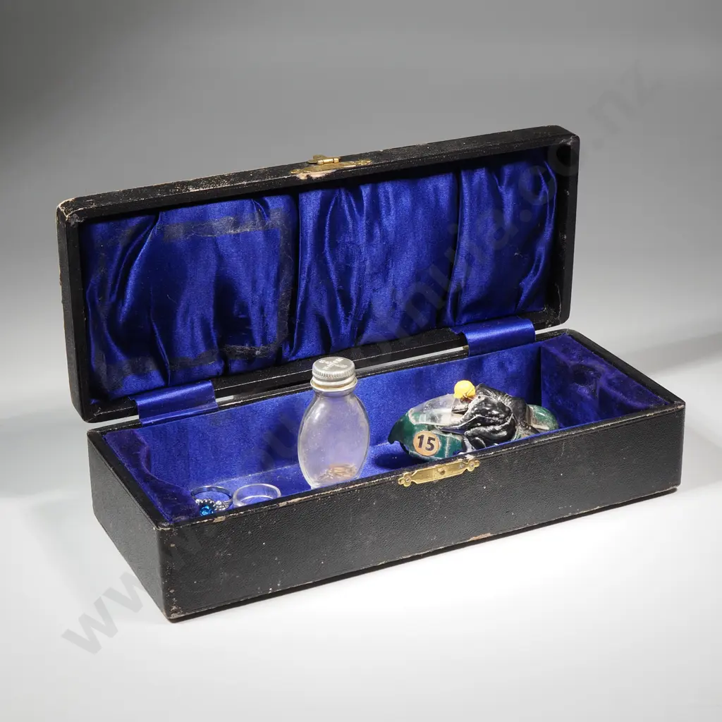 Vintage Box w Vintage Plastic Toy Motorbike & Riders, a Small Glass 'Bayer' Bottle & Two Costume Rings Image 1++