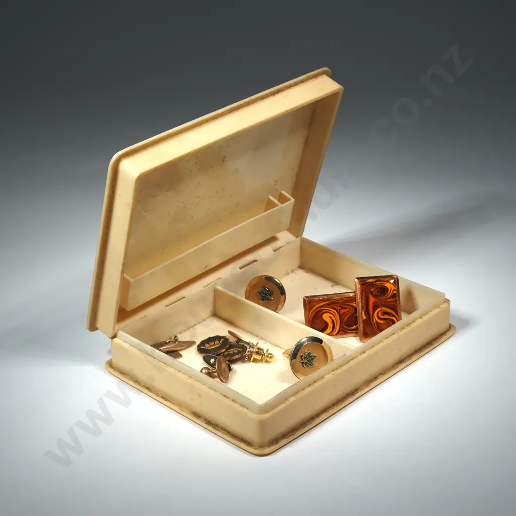 Ivorex Playing Card Box w a Quantity of Vintage Cufflinks Image 1++