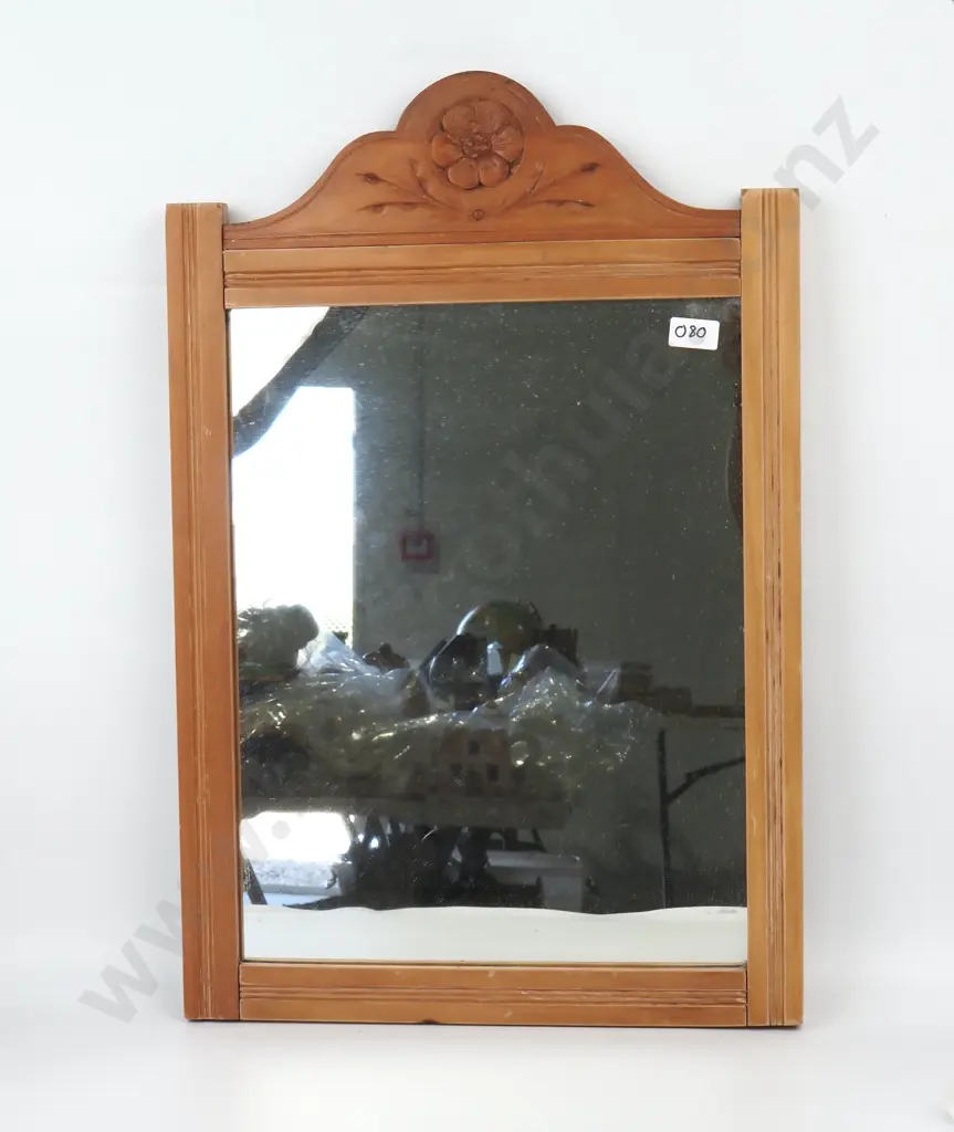 Country Style Timber Framed Wall Mirror w Carved Floral Pediment Image 1++