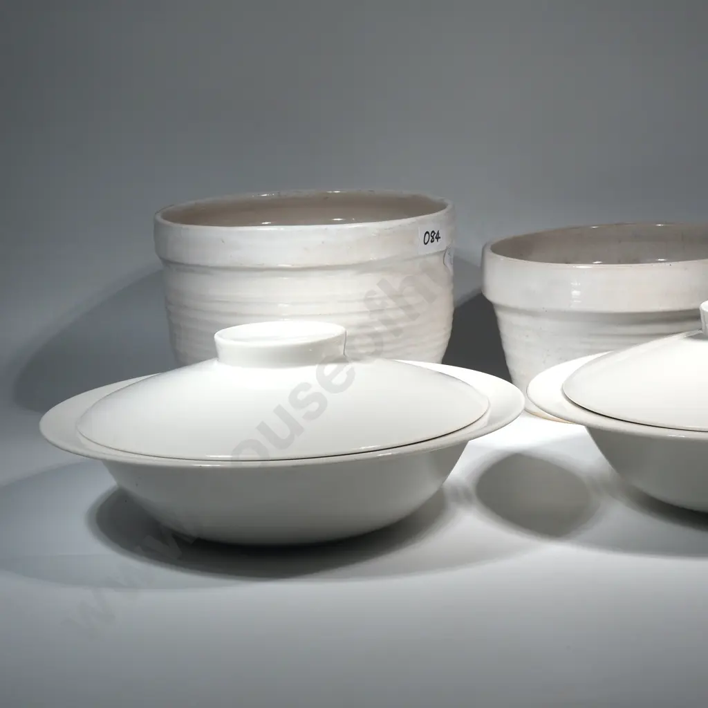 Lot of Two Covered Tureens & Two White Ribbed Pottery Planters/Jardinieres Image 1++