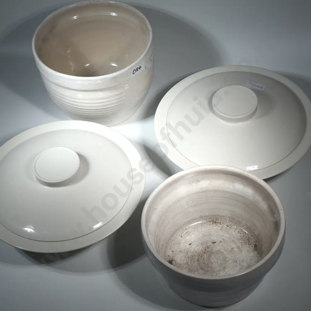 Lot of Two Covered Tureens & Two White Ribbed Pottery Planters/Jardinieres Image 1++