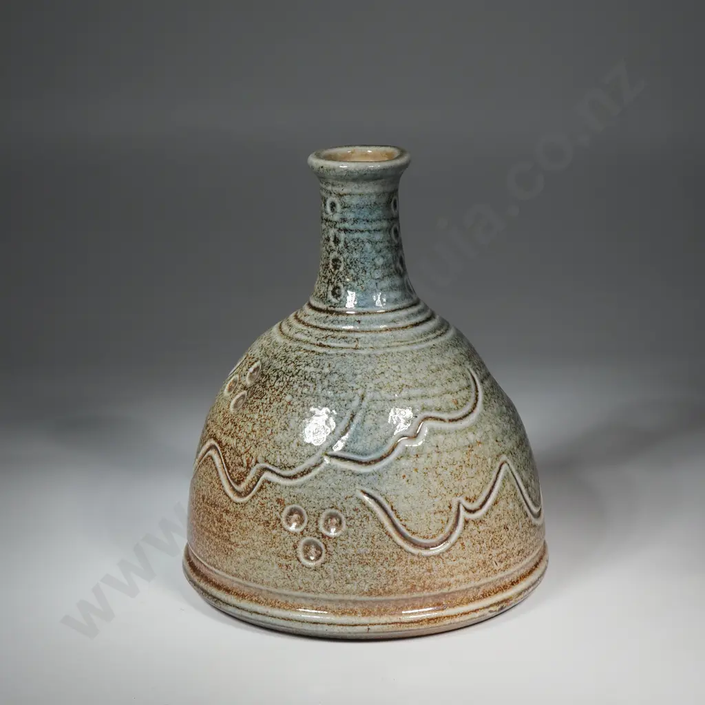 Aina Apse Pottery Vase w Speckled Glaze in Green & Brown w Incised Lines & Dots Image 1++